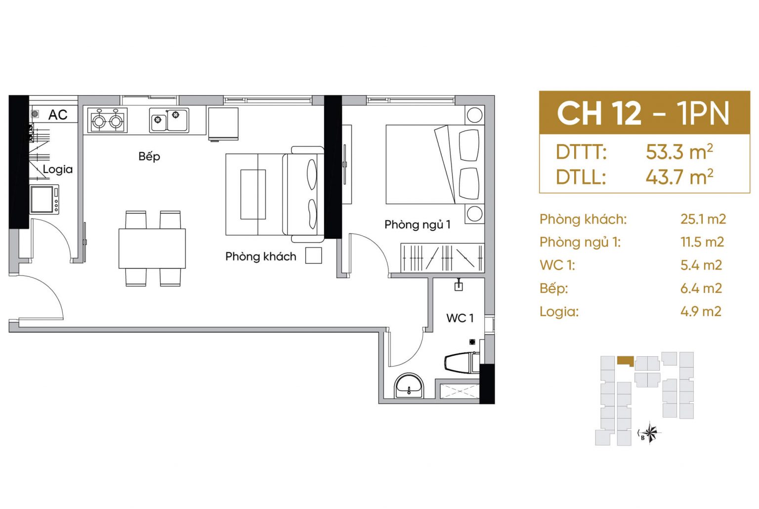 thiết kế căn 1 phòng ngủ phúc đạt tower
